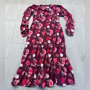 AREA STARS BLOOMINGDALE'S Roses Floral Burgundy Puff Sleeve Dress Size Large NWT